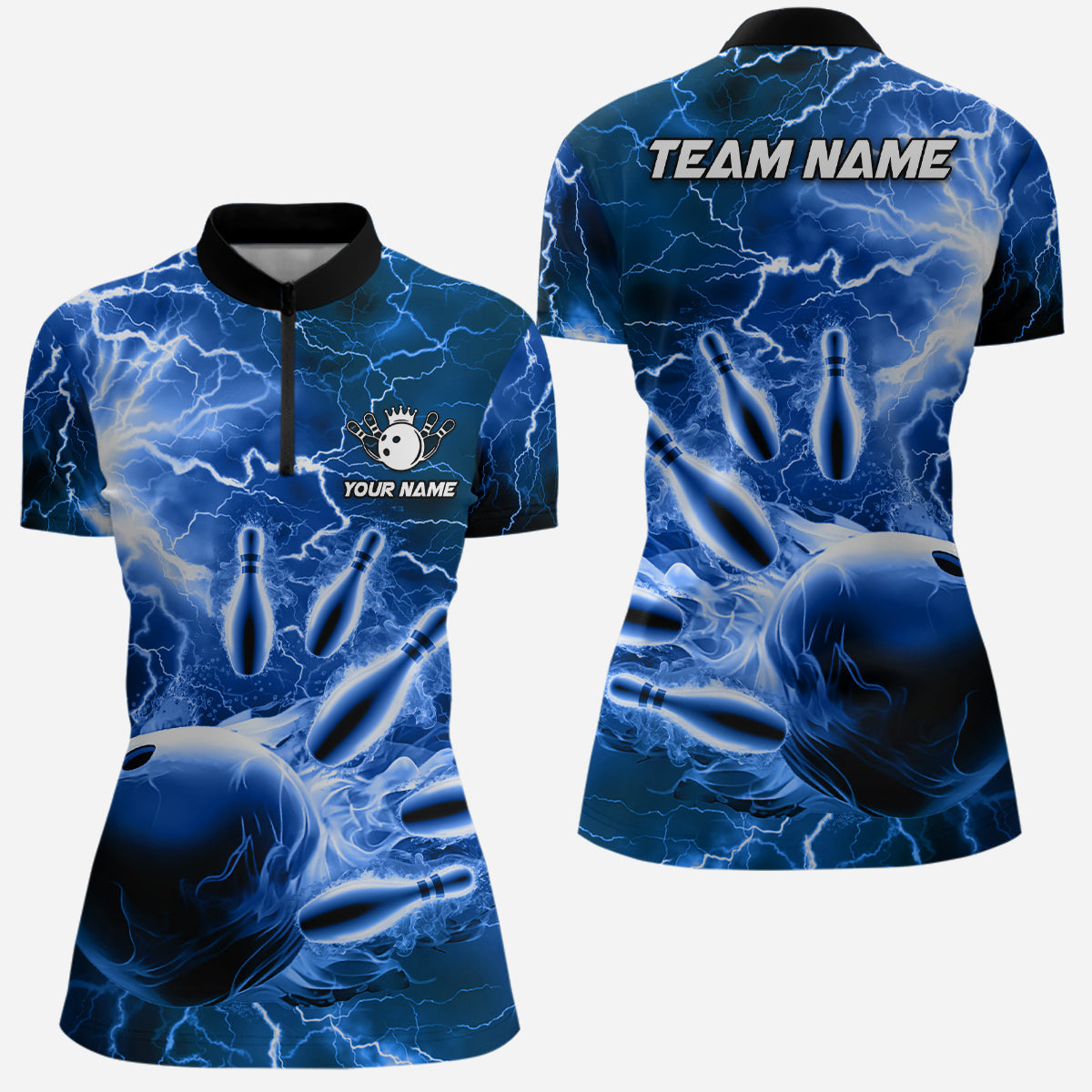 Women's Bowling Quarter Zip Shirt - Custom Blue Lightning Thunder Team Jersey N6582