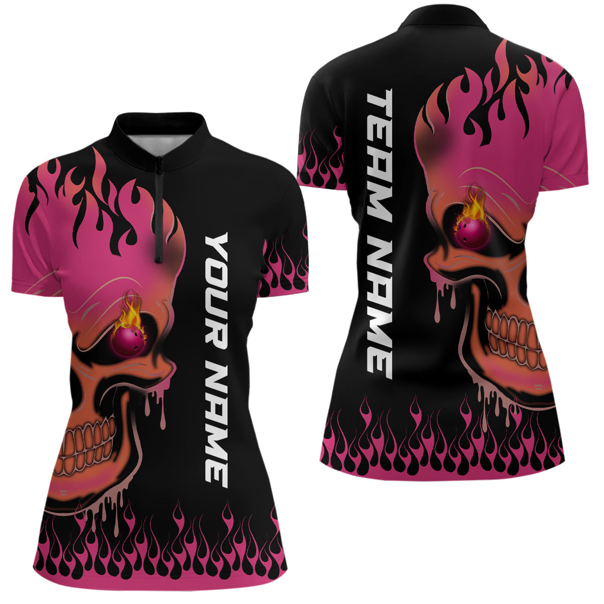 Pink Flame Bowling Skull Women's Quarter-Zip Shirt N6835