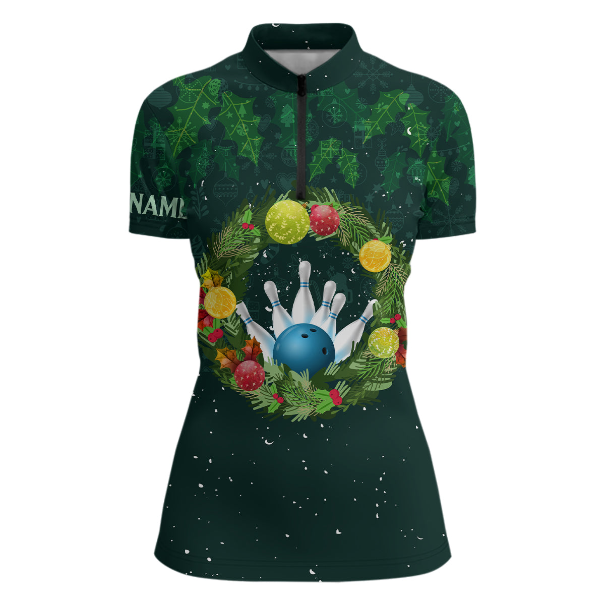 Green Christmas Bowling Quarter-Zip Shirt for Women N6856