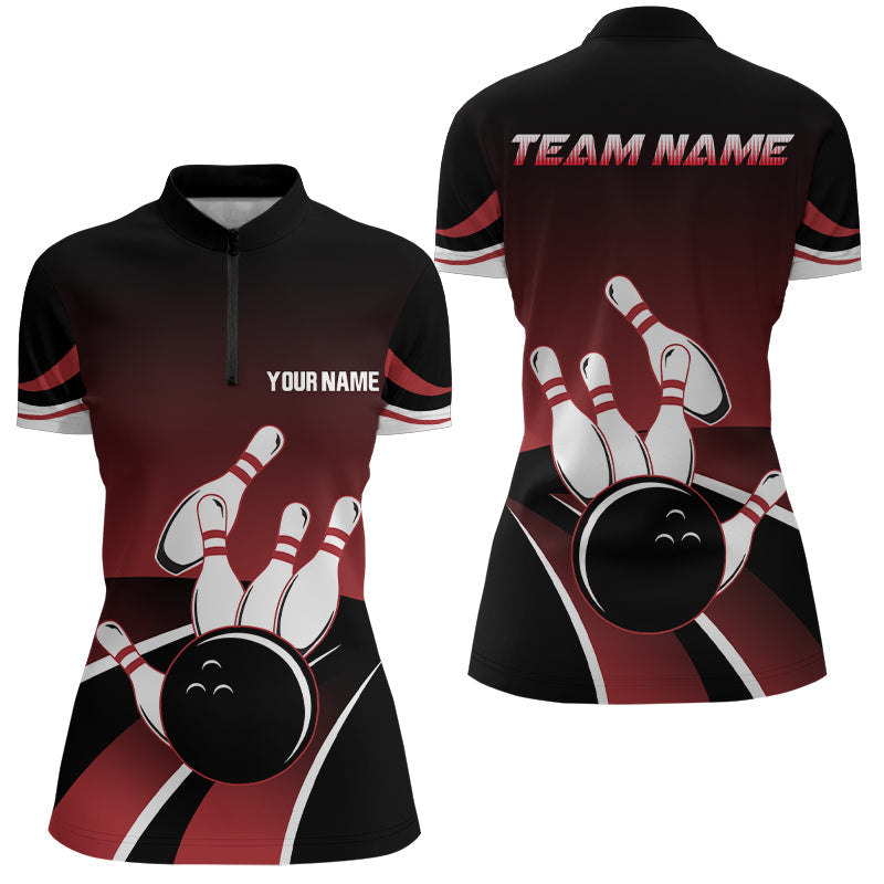 Red & Black Women's Quarter Zip Bowling Team Jersey N6148