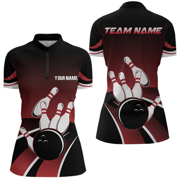 Red & Black Women's Quarter Zip Bowling Team Jersey N6148