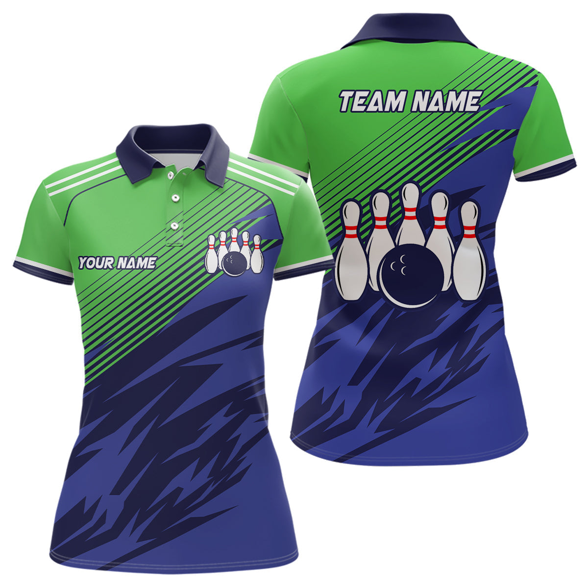 Women's Green & Blue Camo Bowling Polo, 1/4 Zip Team Jersey N7846