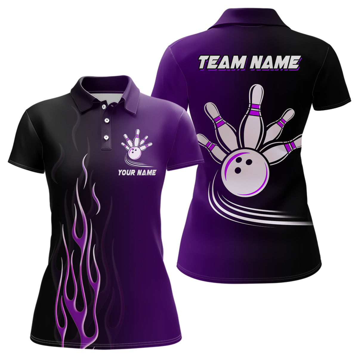 Custom Women's Black & Purple Bowling Polo Shirt N7056