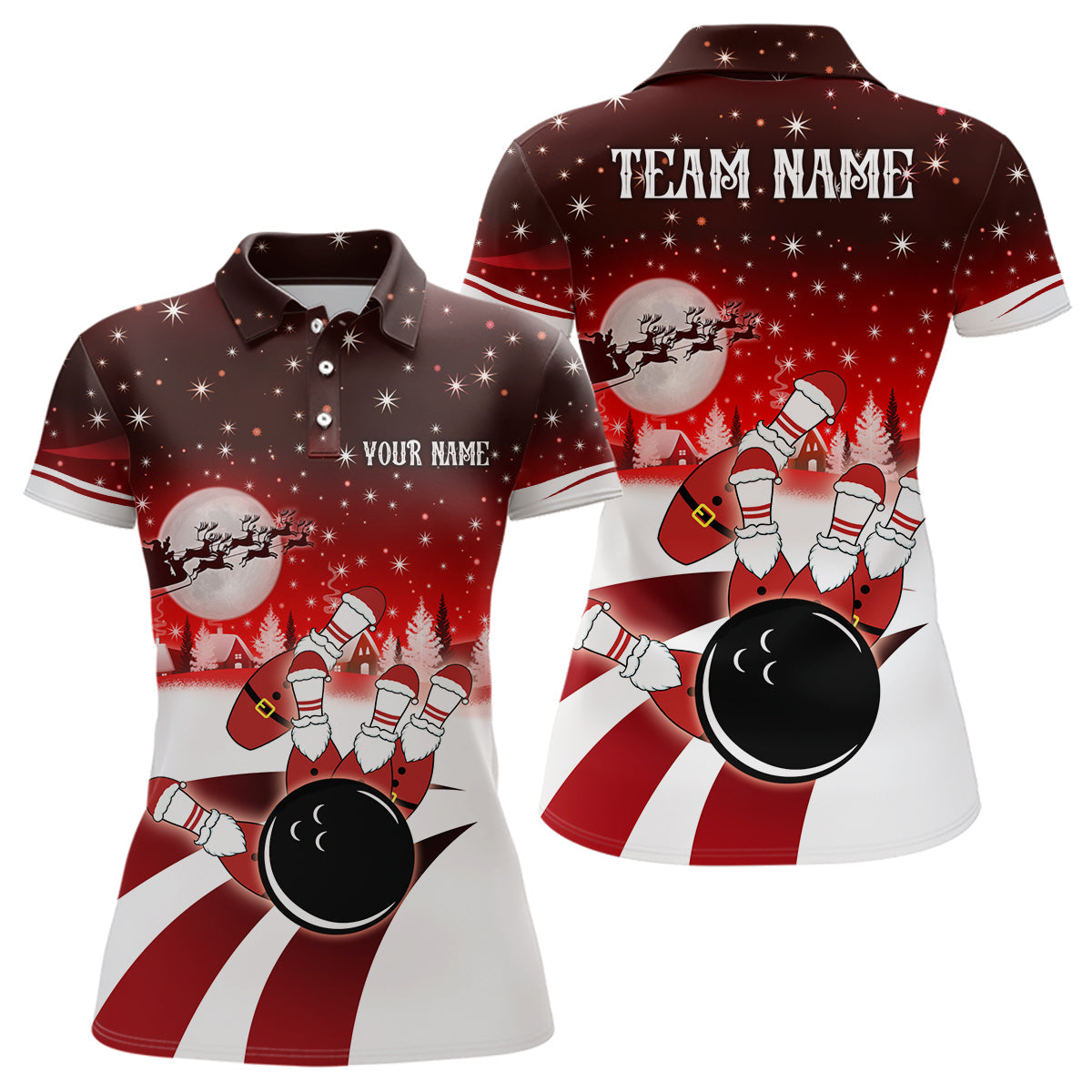 Women's Red Bowling Polo Shirt - Custom Christmas Santa Design N6666