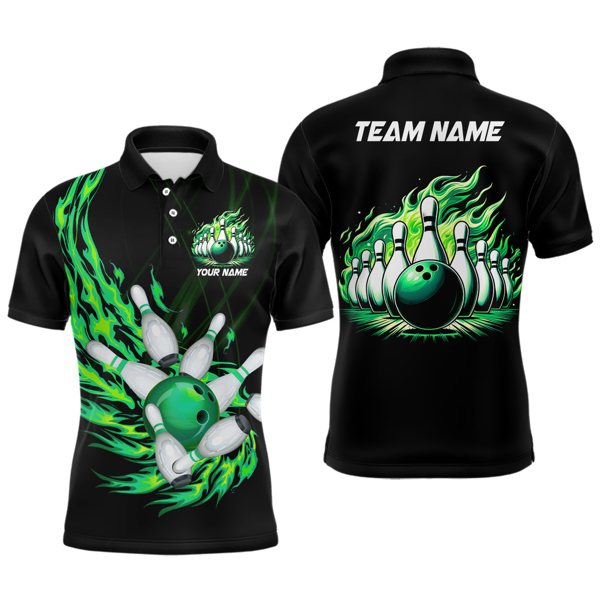 Men's Green Flame Bowling Polo Shirt N7516
