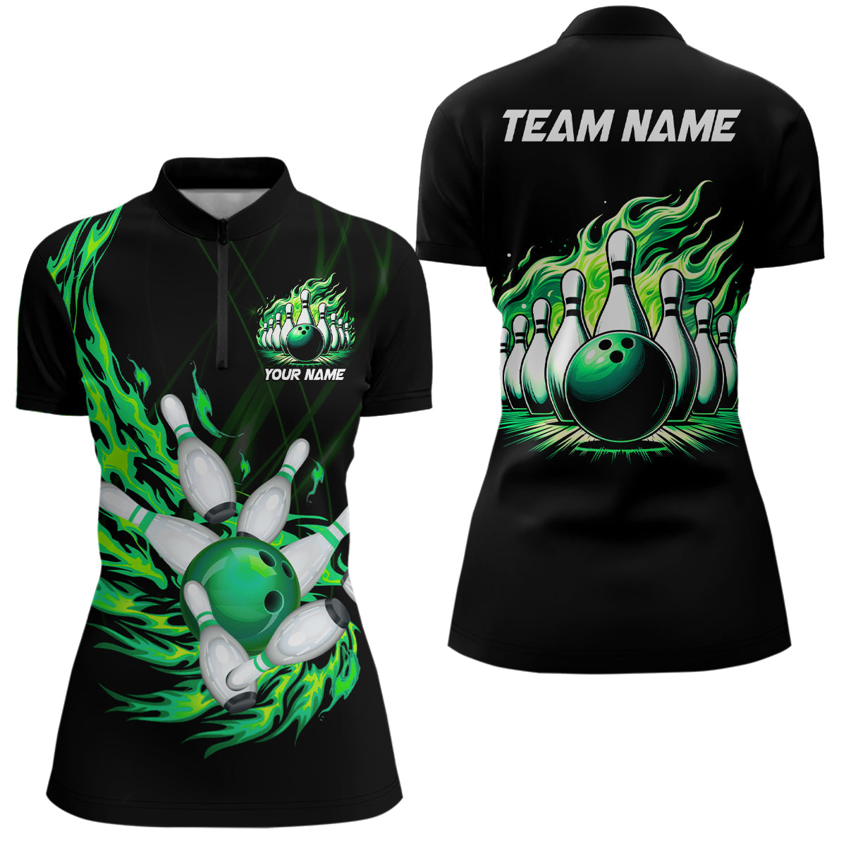 Women's Green Flame Bowling Quarter Zip Shirt N7516
