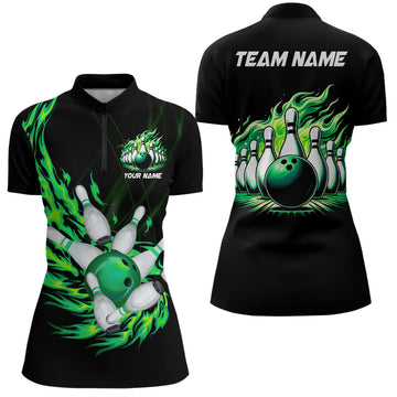 Women's Green Flame Bowling Quarter Zip Shirt N7516