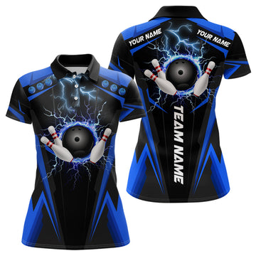 Black Women's Bowling Polo Shirt - Custom Lightning Thunder Team Jersey N6676