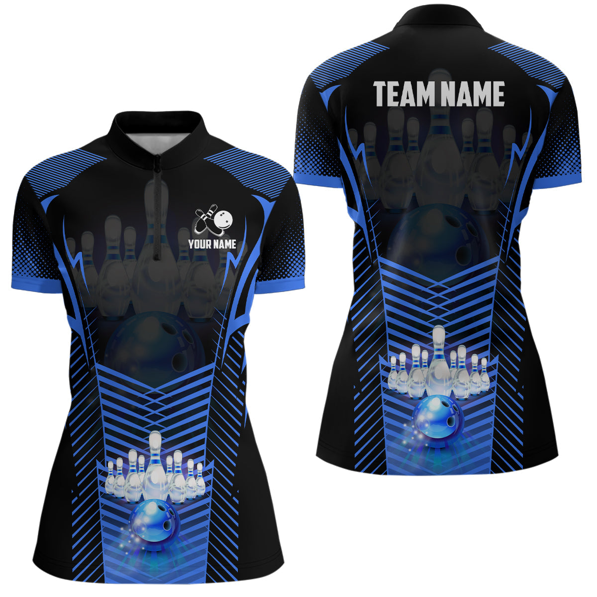Women's Blue Bowling Quarter Zip Shirt - Custom Team Jersey N7071