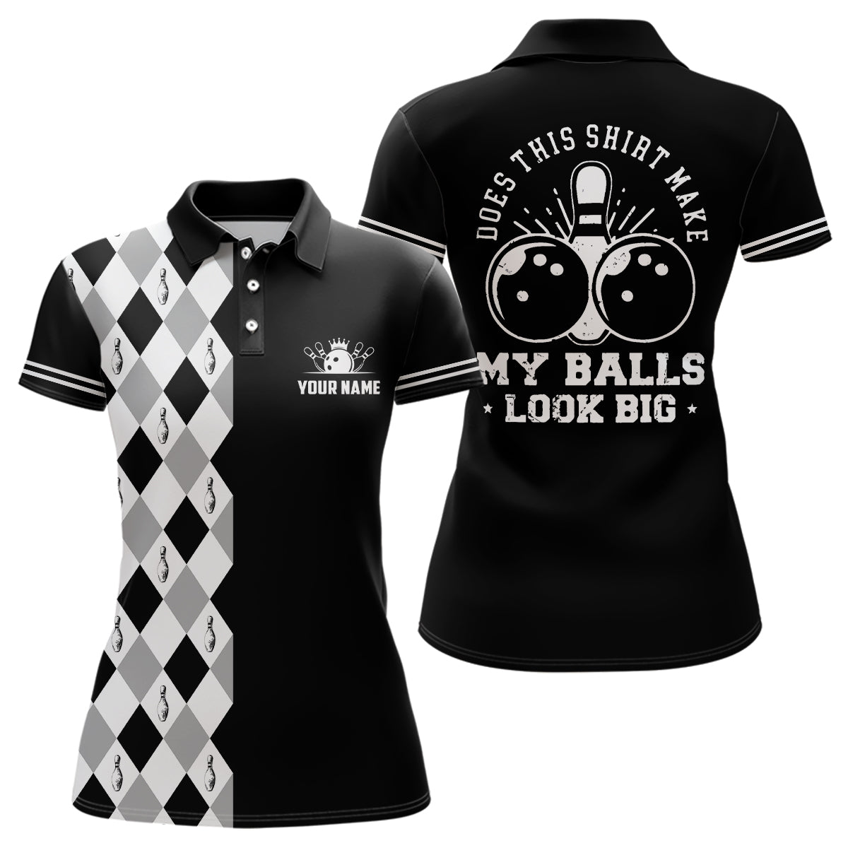 Women's Black Retro Bowling Polo Shirt - Custom "Does This Shirt Make My Balls Look Big?" N6692