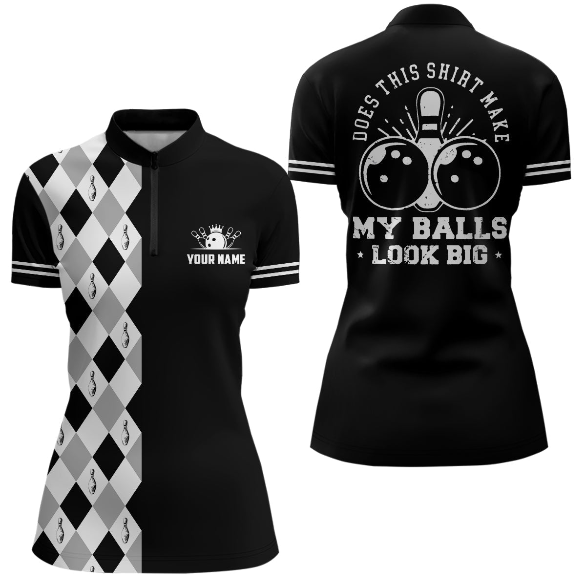 Women's Black Retro Bowling Quarter Zip Shirt - Funny Design N6692