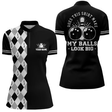 Women's Black Retro Bowling Quarter Zip Shirt - Funny Design N6692