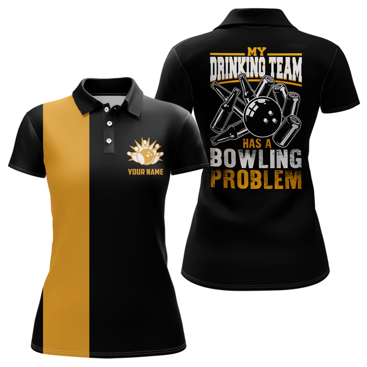 Women's Black & Yellow Retro Bowling Polo Shirt - Custom 'My Drinking Team Has a Bowling Problem' N6694
