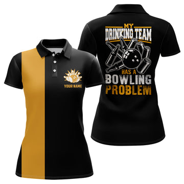 Women's Black & Yellow Retro Bowling Polo Shirt - Custom 'My Drinking Team Has a Bowling Problem' N6694