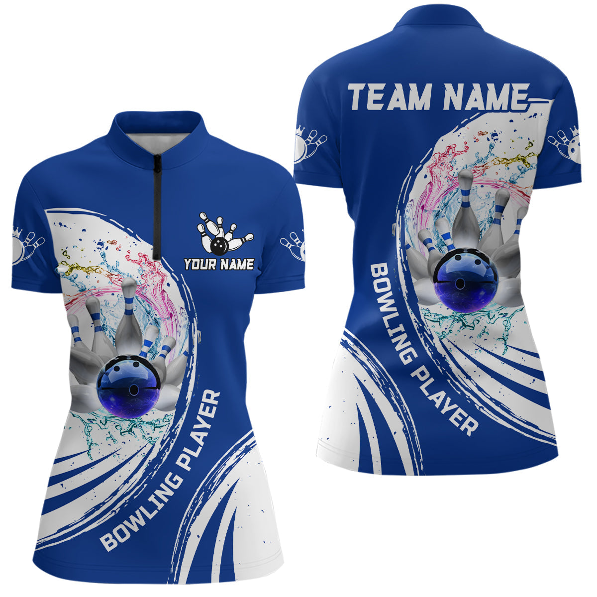 Women's Blue Bowling Quarter Zip Team Jersey N7194