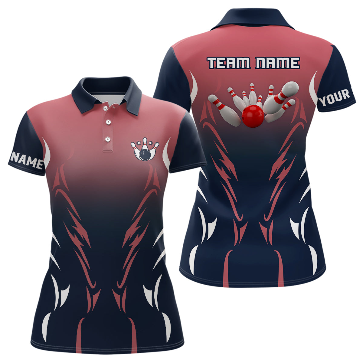 Women's Retro Bowling Polo Shirt - Custom Navy & Red N6228