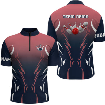 Men's Retro Bowling Quarter Zip Shirt - Custom Navy & Red N6228