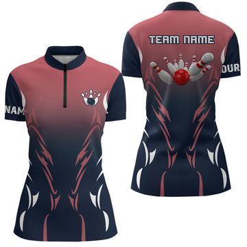 Women's Retro Bowling Quarter Zip Shirt - Custom Navy & Red N6228