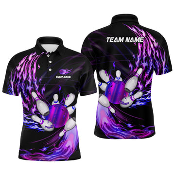 Men's Purple Flame Bowling Polo Shirt - Custom Team Jersey N7369