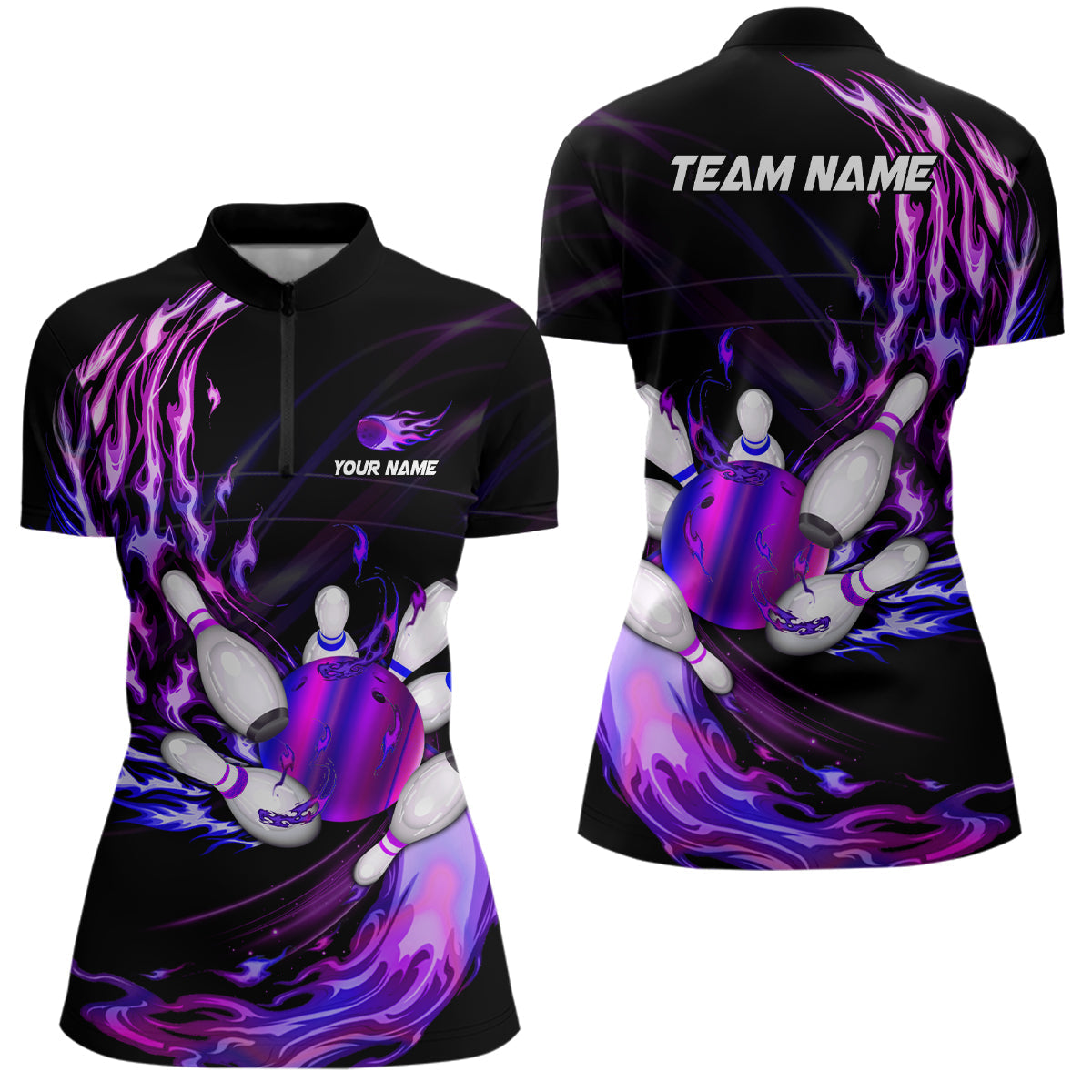 Women's Bowling Quarter Zip Jersey - Custom Purple Flame Design N7369