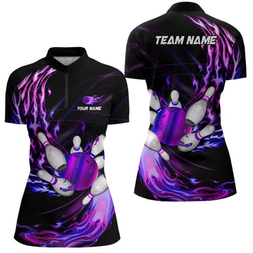 Women's Bowling Quarter Zip Jersey - Custom Purple Flame Design N7369