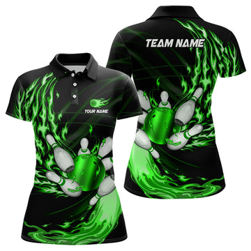 Women's Green Flame Bowling Polo Shirt - Custom Team Jersey N7370