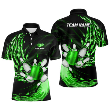 Men's Green Flame Bowling Polo Shirt - Custom Team Jersey N7370