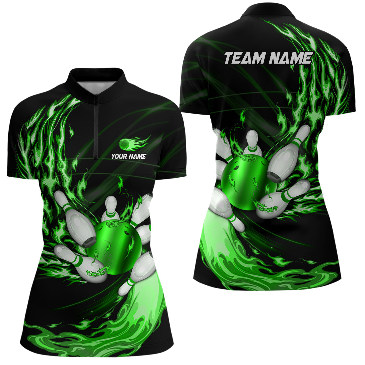Women's Bowling Quarter Zip Jersey - Custom Green Flame Design N7370