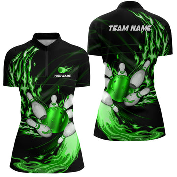 Women's Bowling Quarter Zip Jersey - Custom Green Flame Design N7370