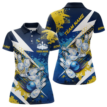 Women's Custom Team Bowling Polo, Yellow/Blue Lightning Design N7700