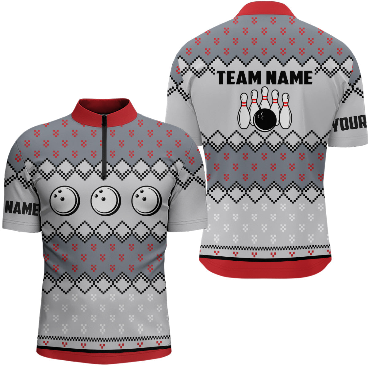 Men's Bowling Quarter-Zip Shirt - Custom Ugly Christmas Pattern N6727