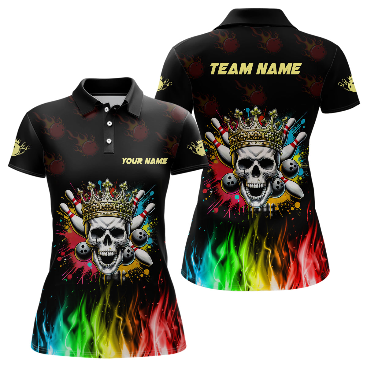 Women's Custom Bowling Team Flame Skull Polo Shirt N8402