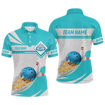 Cyan Blue Men's Bowling Polo Shirt - Custom Camo Flame Design N6733