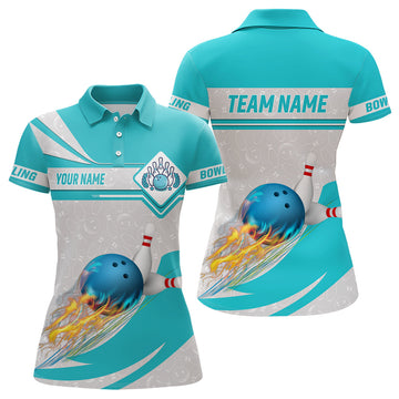 Cyan Blue Women's Bowling Polo Shirt - Custom Camo Flame Design N6733