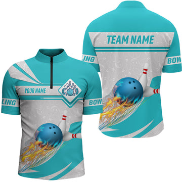 Cyan Blue Men's Bowling Quarter Zip Shirt - Camo Flame Team Jersey N6733