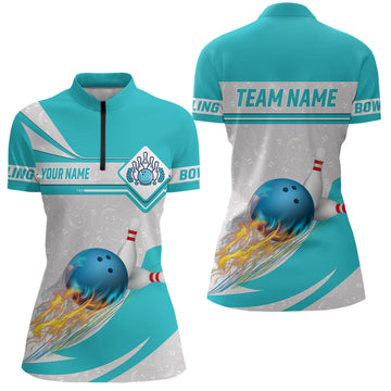 Cyan Blue Women's Bowling Quarter Zip Shirt - Custom Camo Flame Design N6733