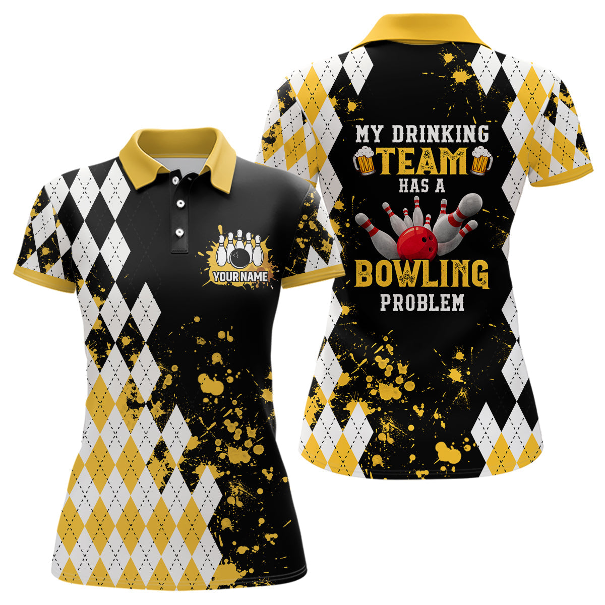 Yellow Argyle Retro Bowling Polo Shirt for Women N6951