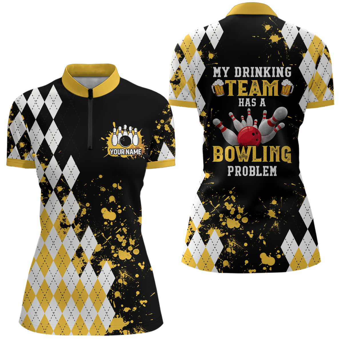 Yellow Argyle Retro Bowling Quarter Zip Shirt for Women N6951