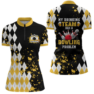 Yellow Argyle Retro Bowling Quarter Zip Shirt for Women N6951