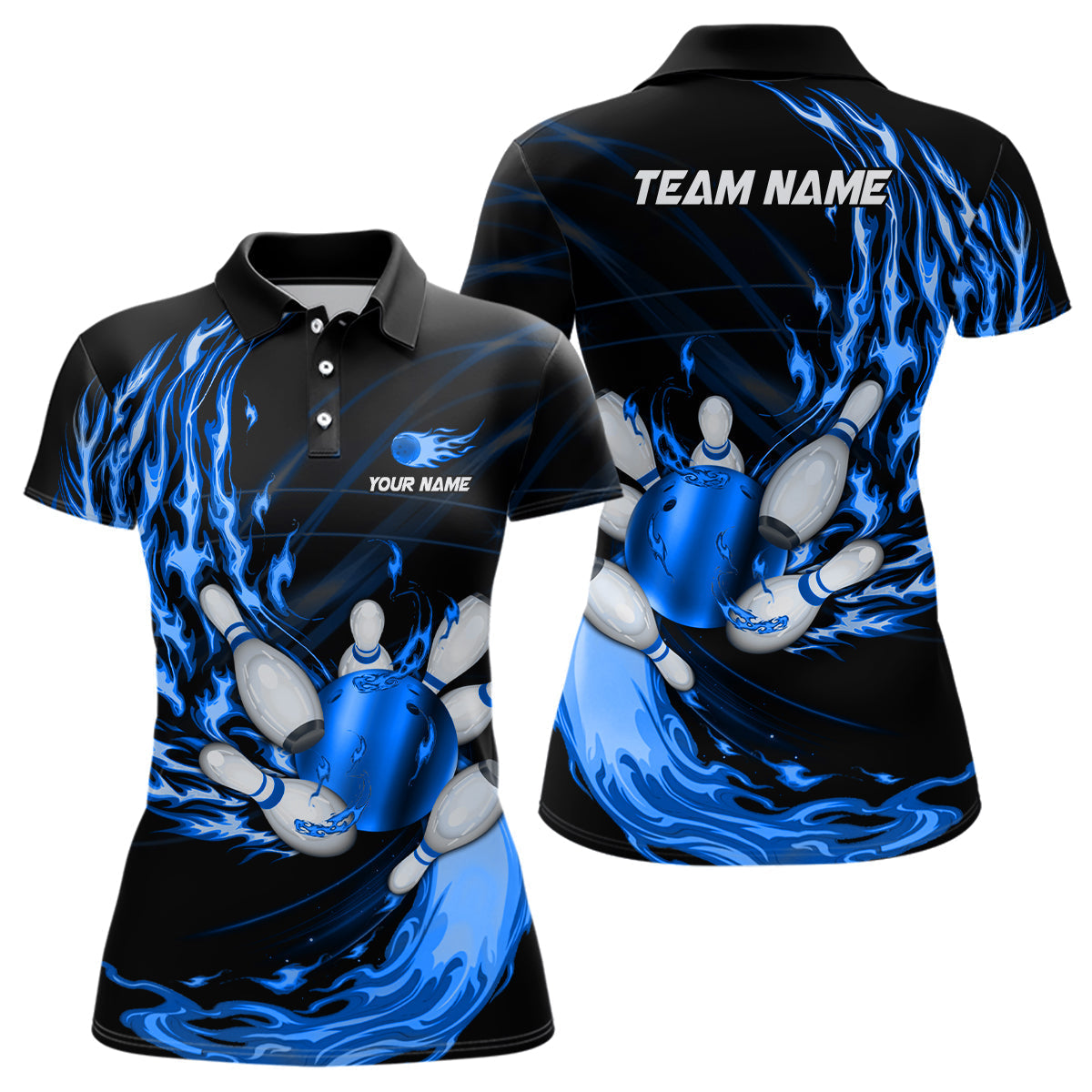 Women's Custom Blue Flame Bowling Polo Shirt N6977
