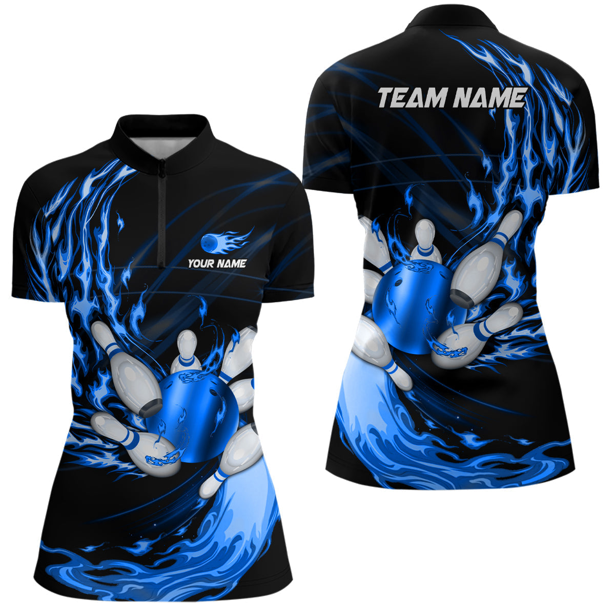 Women's Bowling Quarter Zip Jersey - Custom Blue Flame Design N6977