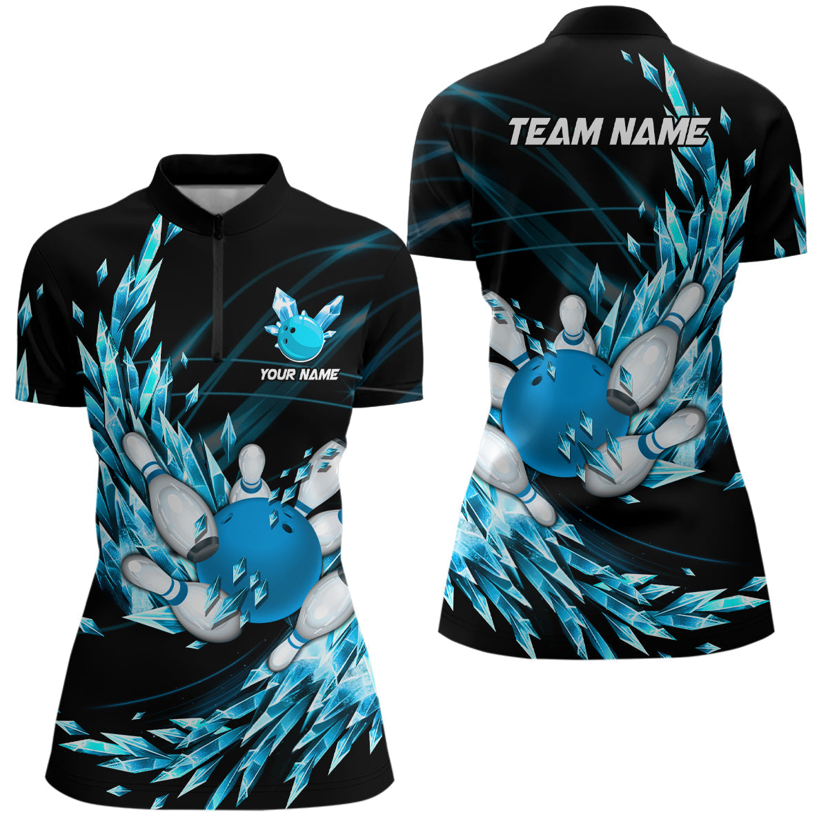 Women's Bowling Quarter Zip Shirt - Custom Blue Ice Fragments N7124