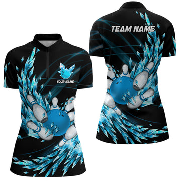 Women's Bowling Quarter Zip Shirt - Custom Blue Ice Fragments N7124