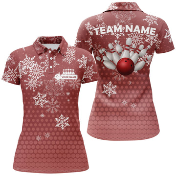 Women's Red Bowling Polo Shirt - Custom Christmas Snowflake Design N6616