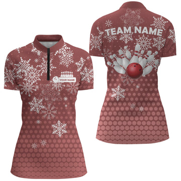 Women's Bowling Quarter-Zip Shirt - Red Christmas Snowflake Design N6616