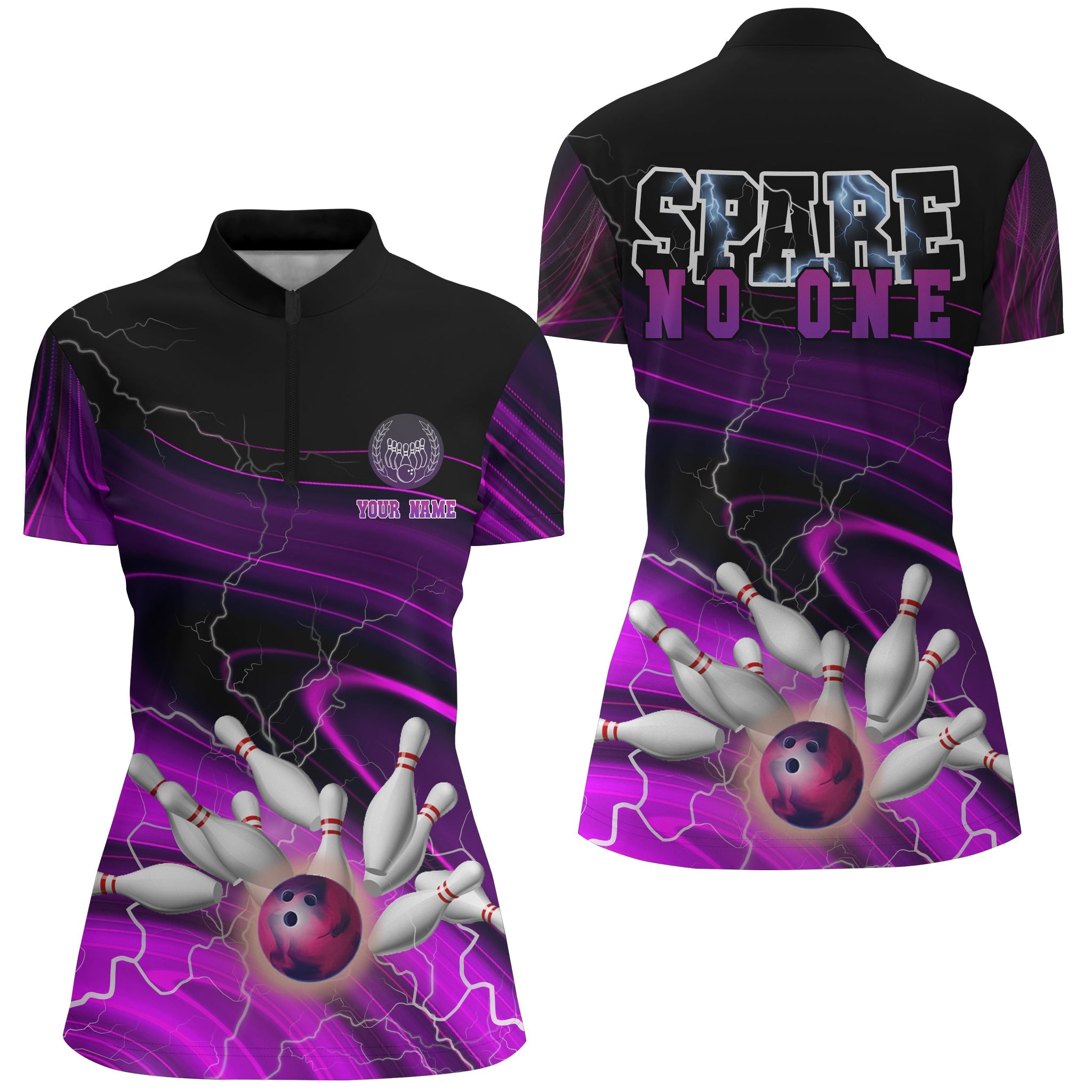 Women's Bowling Quarter Zip Shirt - Purple Lightning Thunder Team Jersey N6674
