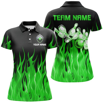 Green Flame Women's Bowling Polo Shirt - Black N7303