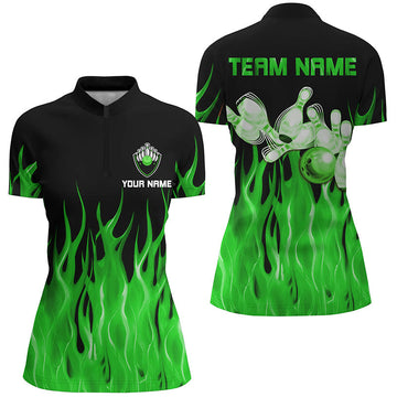 Women's Black Bowling Quarter-Zip Shirt - Green Flame Team Jersey N7303