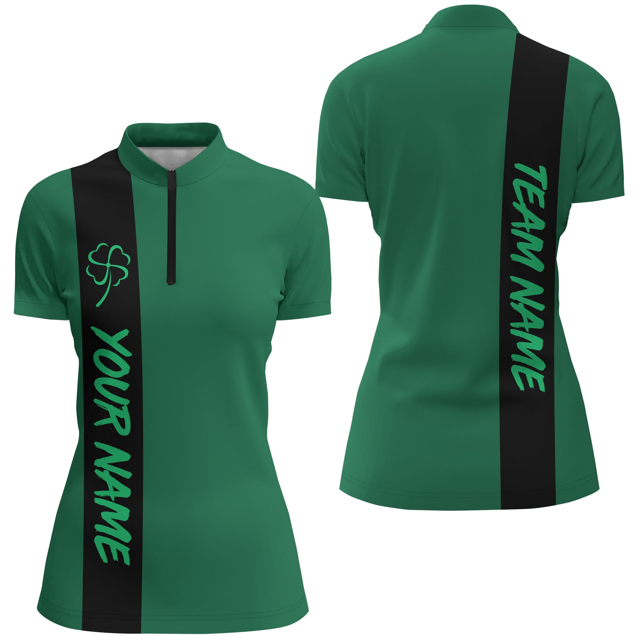 Black Green Retro Lucky Women's Bowling Quarter Zip Shirt - Custom St. Patrick's Day Jersey N7044