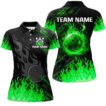 Women's Black & Green Flame Bowling Polo, Quarter Zip N8292
